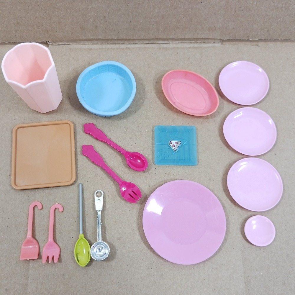 Mixed Doll Kitchen Accessories Lot Plates Bowls Utensils Pink Blue Orange 15pc